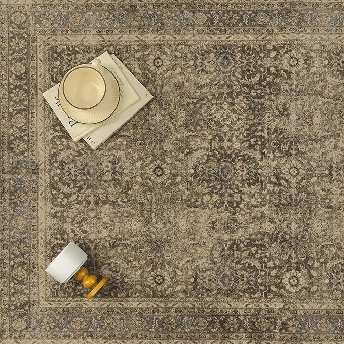 Brown 3x5 Area Rug Washable Vintage Carpet for Entryway Office Soft Retro Floral Kitchen Low Pile Thin Door Mat Non Slip Traditional Distressed Rug for Bathroom Bedroom Dining Living Room