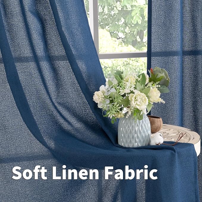 YoungsTex Navy Blue Linen Curtains 72 Inch Length for Living Room, Light Filtering Semi Sheer Drapes with Bronze Grommet Privacy for Bedroom Decorative, 52 x 72 Inch, 2 Panels