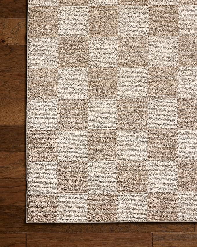 Loloi Chris Loves Julia Calvin Collection CLV-01 Pebble/Ivory 11'-6" x 15'-7" Area Rug Checkered Neutral Soft Living Room Bedroom Carpet