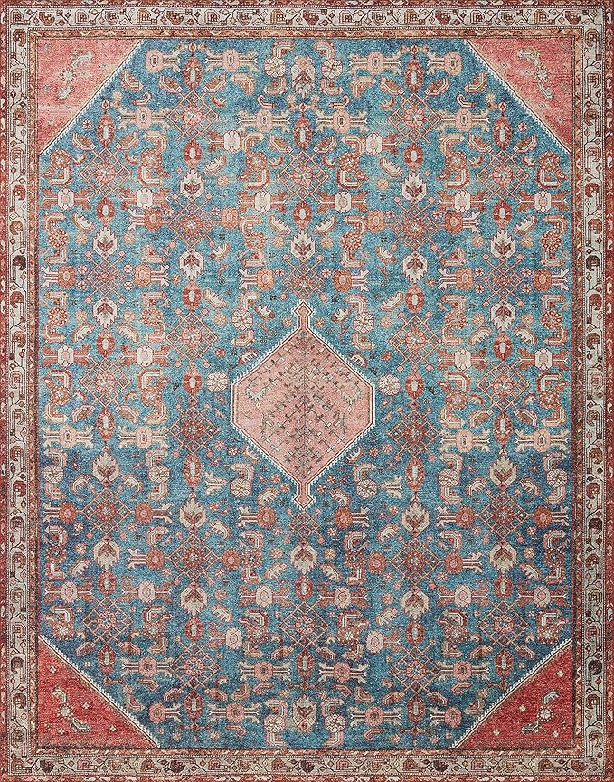 Loloi Layla Collection LAY-10 Marine/Clay 2'-3" x 3'-9" .13" Thick Accent Rug, Soft, Durable, Vintage Inspired, Distressed, Low Pile, Non-Shedding, Easy Clean, Printed, Living Room Rug